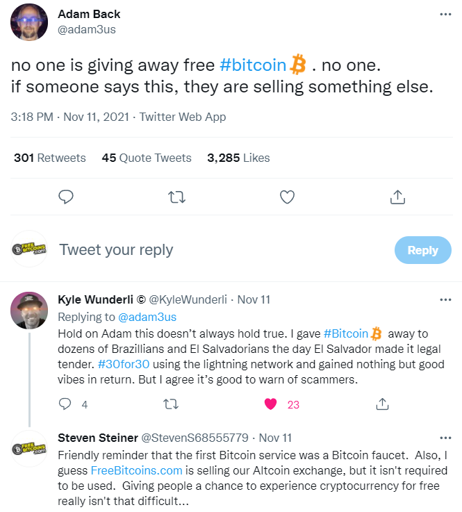 Blockstreams CEO, Adam Back, makes a dumbass Twitter post about free Bitcoins.