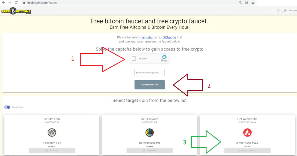 Follow these steps on the FreeBitcoins faucet to earn the cryptocurrency Avalanche (AVAX) for free.  These free coins are deposited directly into your XChange account on the FreeBitcoins altcoin exchange.